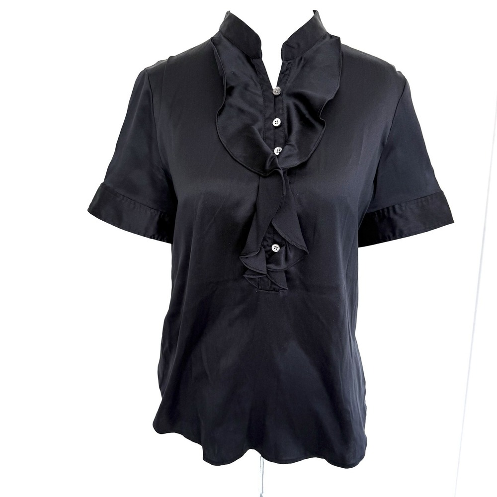 Theory Black Silk Ruffle Top Short Sleeve Blouse Career Size S Office Academia